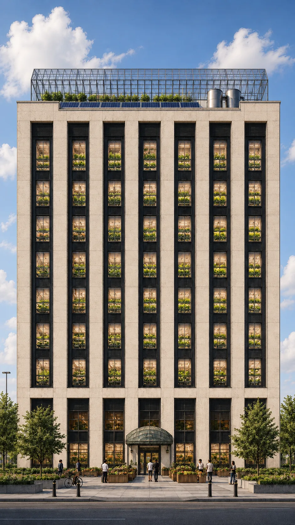 Farmacy 001 street elevation — architectural sketch of the ten-storey tower with growing floors behind the glazing, rooftop greenhouse and solar array above