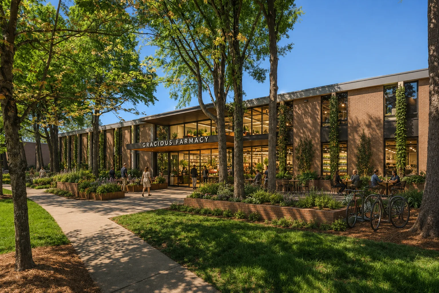 Tree-lined Gracious Farmacy training campus exterior