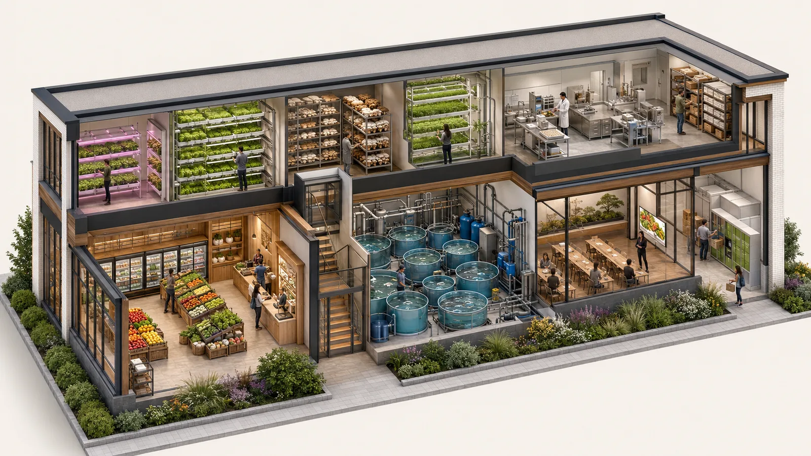 Cutaway concept rendering showing a two-level farmacy: market and aquaculture below, growing and production above