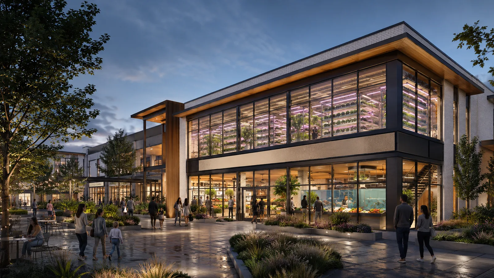 Concept rendering of a two-storey farmacy exterior at dusk with a planted upper floor lit from within