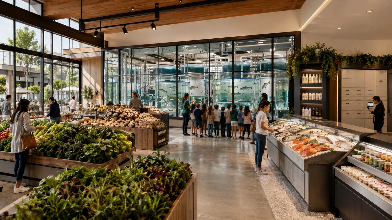Concept rendering of a ground-floor market beside glass aquaculture tanks