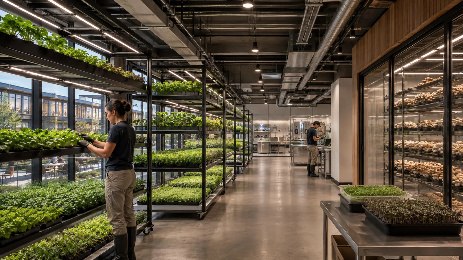 Concept rendering of an upper production floor with racks of greens and shelves of mushrooms