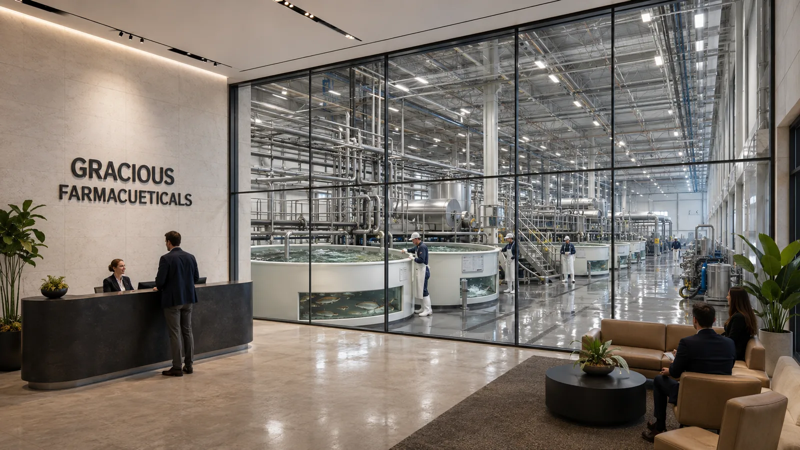 Concept rendering of a farmaceuticals hall, with a reception desk beside a glazed production floor of aquaculture tanks and process piping