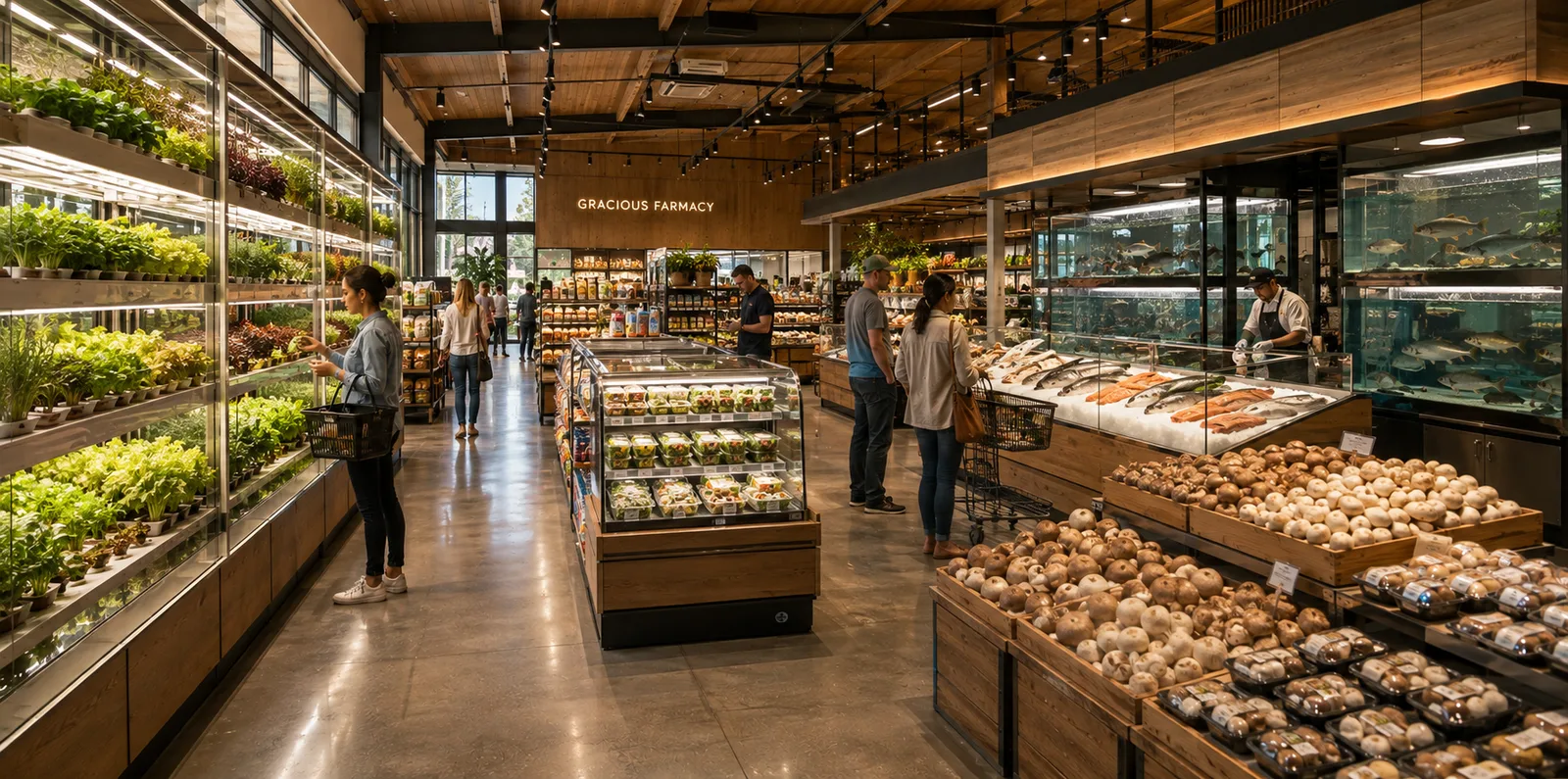 Concept rendering of the interior market of a grocery store farmacy, with a living produce wall, fish counter and mushrooms