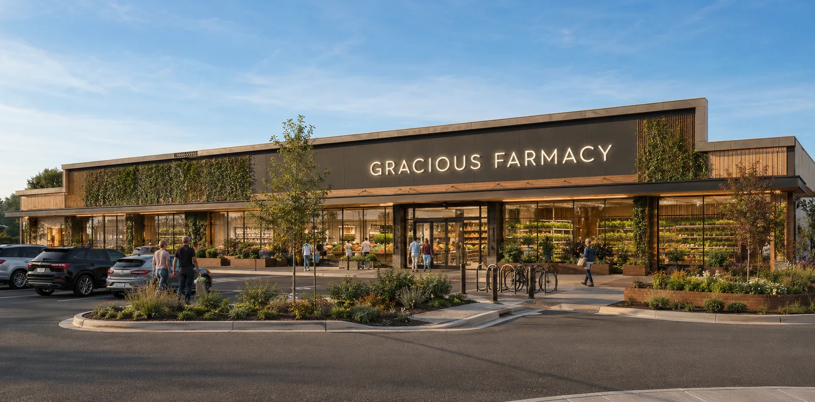 Concept rendering of a single-storey grocery store converted into a Gracious Farmacy storefront
