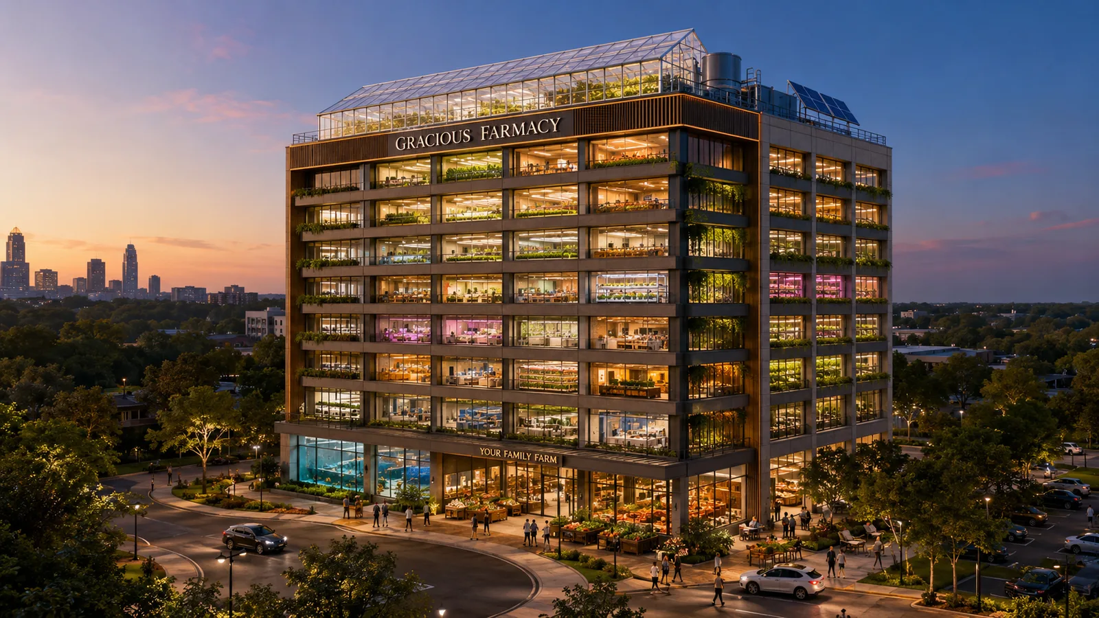 Concept rendering of a multi-storey office tower converted into a Gracious Farmacy, with planted floors and a rooftop greenhouse