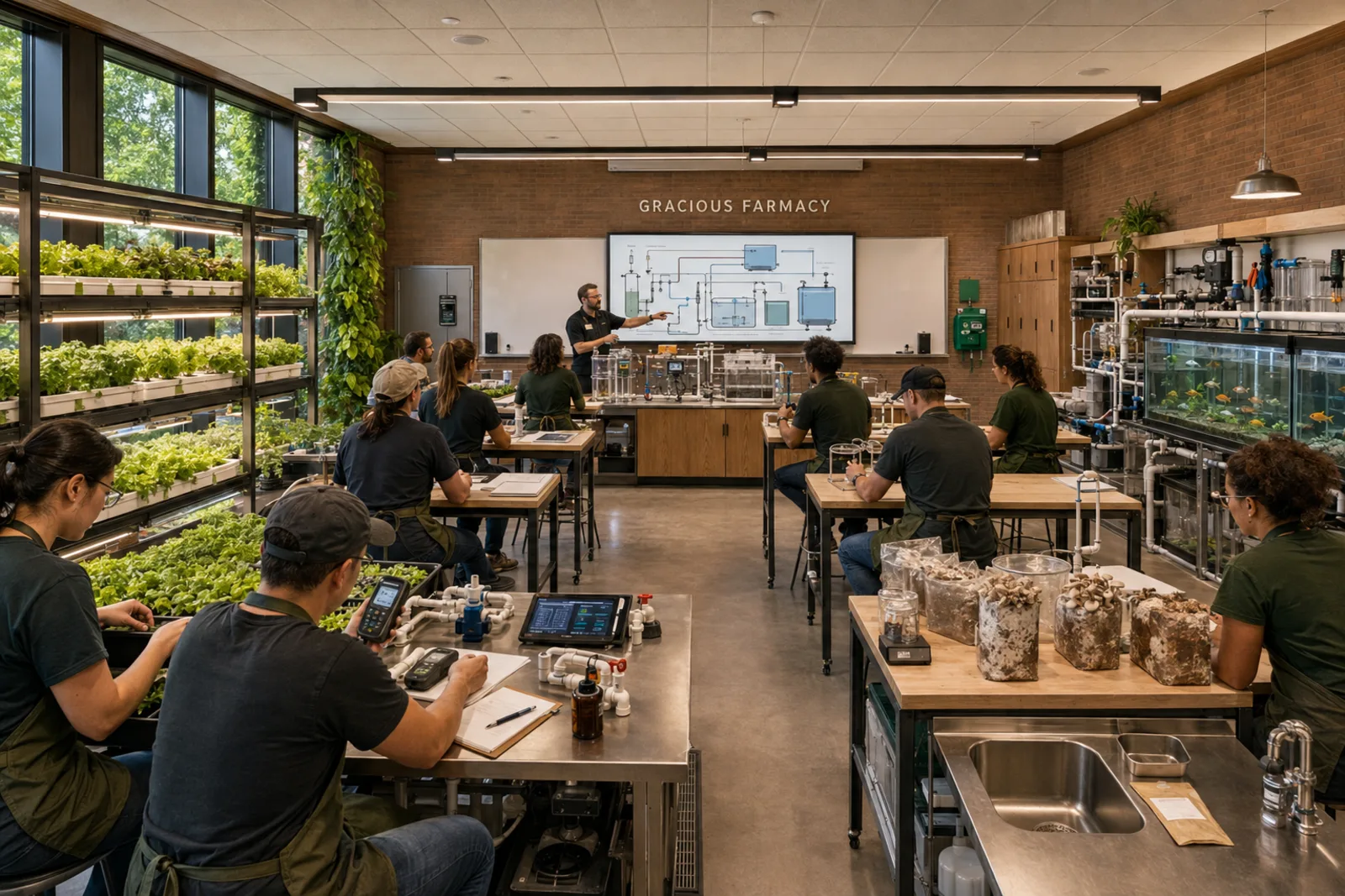 Concept rendering of a brick training room inside a school conversion, with people seated at lab benches beside a living wall of greens