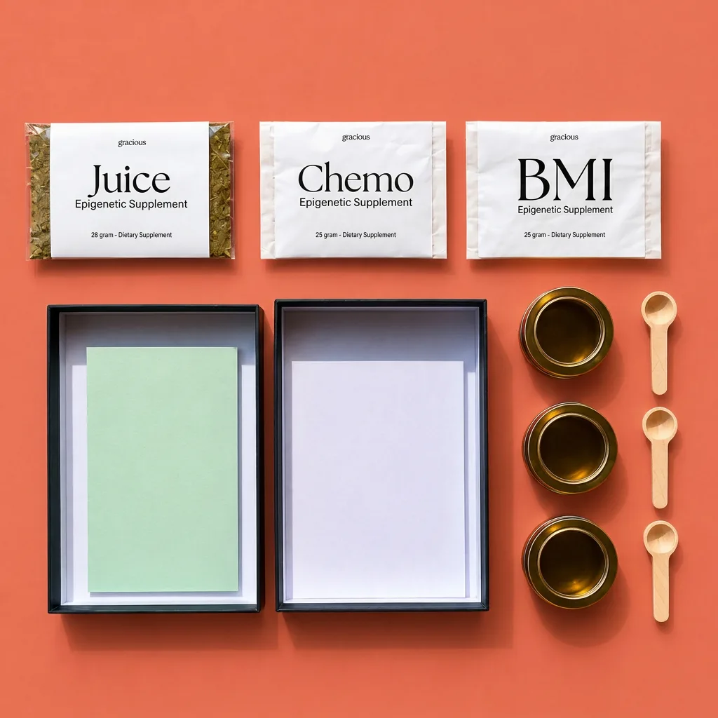 A flat-lay of Juice, Chemo, and BMI sachets with brass tins and spoons